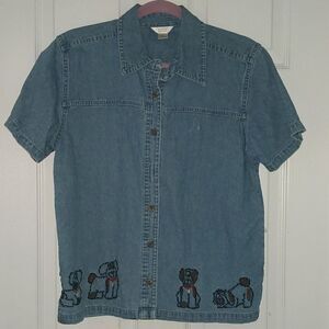 Christopher & Banks denim puppy button shirt Sz S